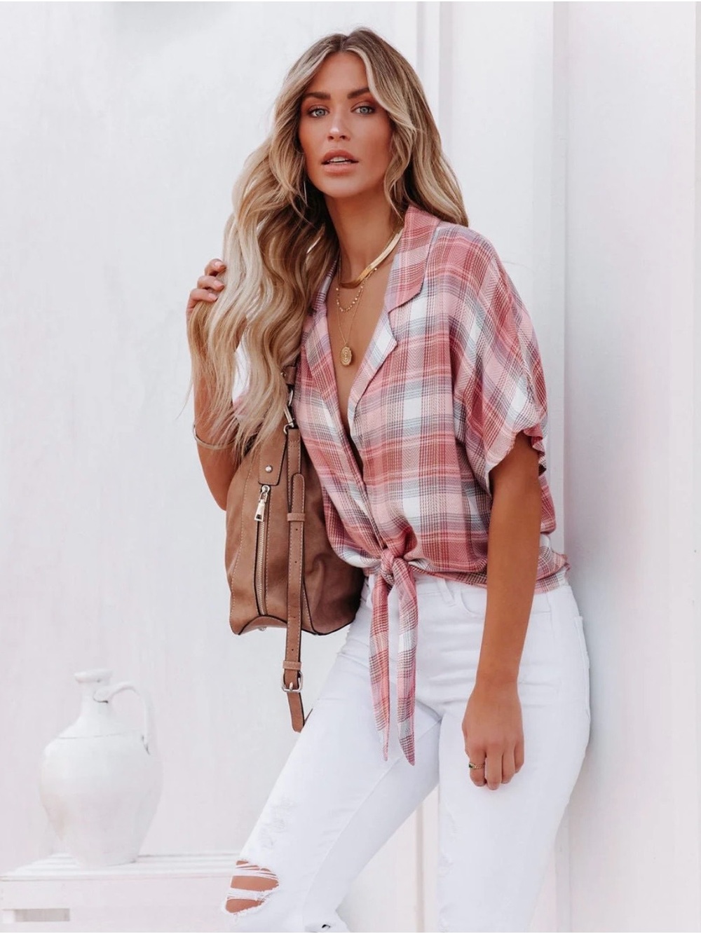 VICI COLLECTION GAIA PLAID BUTTON DOWN TIE TOP